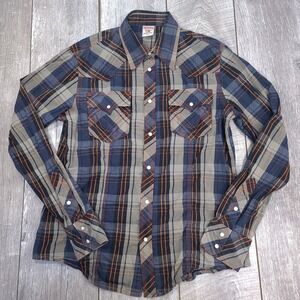 True Religion Western Pearl Snap Mens XL Blue Plaid Horseshoe Stitch Shirt